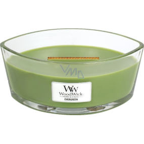 WoodWick Evergreen - Vůně jehličí vonná svíčka s dřevěným širokým knotem a víčkem sklo loď 453 g