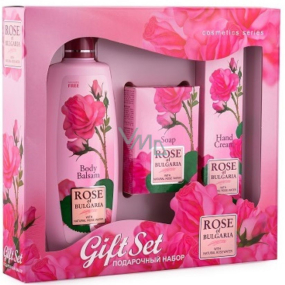 Rose of Bulgaria tělový balzám s růžovou vodou 330 ml + toaletní mýdlo s růží 100 g + krém na ruce s růžovou vodou 75 ml, kosmetická sada pro ženy