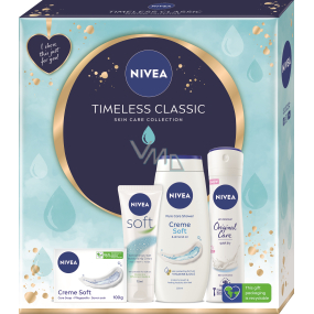 Nivea Timeless Classic Creme Soft krémové toaletní mýdlo 100 g + Creme Soft sprchový gel 250 ml + Original Care antiperspirant sprej 150 ml + Creme Soft svěží hydratační krém pro celé tělo 75 ml, kosmetická sada pro ženy