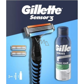 Gillette Sensor 3 holicí strojek + 3 náhradní hlavice + pěna na holení 200 ml, kosmetická sada pro muže