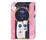 Nivea Soft Care Rose & Almond Oil sprchový gel 250 ml + Nivea Black & White Invisible Clear antiperspirant sprej 150 ml, kosmetická sada pro ženy