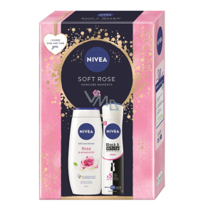 Nivea Soft Care Rose & Almond Oil sprchový gel 250 ml + Nivea Black & White Invisible Clear antiperspirant sprej 150 ml, kosmetická sada pro ženy