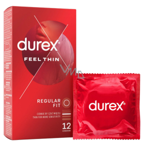 Durex Feel Thin Regular Fit kondomy extra tenké, latexové, běžná lubrikace, nominální šířka: 56 mm 12 kusů