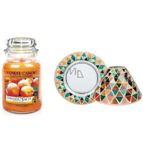 Yankee Candle Summer Peach - Letní broskev vonná svíčka Classic velká sklo 623 g + stínítko a talíř velký, dárková sada 10 x 15 cm (stínítko), 12 x 12 cm (talíř)