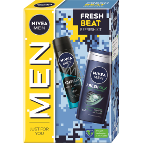 Nivea Men Fresh Beat Deep Black Carbon Beat antiperspirant deodorant sprej 150 ml + Fresh Kick 3v1 sprchový gel 250 ml, kosmetická sada pro muže