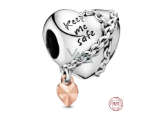 Charm Sterlingové stříbro 925 Srdce s řetízkem Keep me safe, korálek na náramek láska