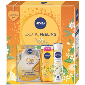 Nivea Exotic Feeling Q10 energizující textilní maska + Nivea Exotic Feeling sprchový gel 250 ml + Nivea Exotic Feeling antiperspirant sprej 150 ml, kosmetická sada pro ženy