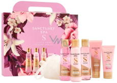 Sanctuary Spa Lilie & Růže Pamper Parcel sprchový gel 75 ml + tělový peeling 50 ml + tělové mléko 75 ml + krém na ruce 30 ml + pěna do koupele 75 ml + mycí houba, kosmetická sada pro ženy