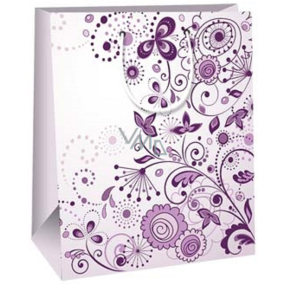 Ditipo Dárková papírová taška 26,4 x 13,6 x 32,7 cm Světle fialová s květy a ornamenty
