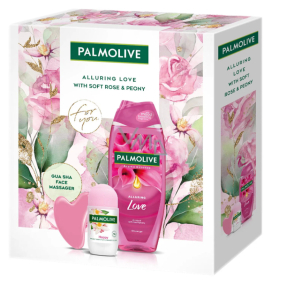 Palmolive Alluring Love Soft Rose & Peony sprchový gel 500 ml + Happy roll-on antiperspirant 50 ml + masážní pomůcka Gua sha na obličej, kosmetická sada pro ženy