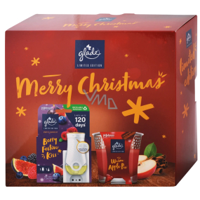 Glade Merry Christmas Warm Apple Pie s vůní červeného jablka a skořice vonná svíčka ve skle 112 g + Berry Festive Kiss elektrický osvěžovač vzduchu strojek s tekutou náplní 20 ml