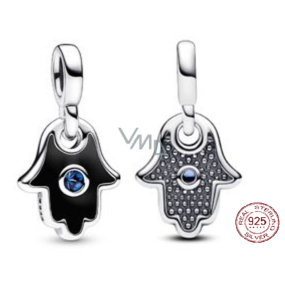 Charm Sterlingové stříbro 925 Ruka Fatimy, Hamsa - Mini Medailon s hvězdně modrým krystalem a černým smaltem, přívěsek na náramek symbol