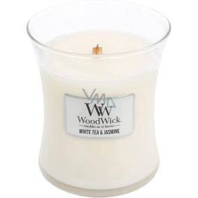 WoodWick White Tea & Jasmine - Bílý čaj a Jasmín vonná svíčka s dřevěným knotem a víčkem sklo střední 275 g