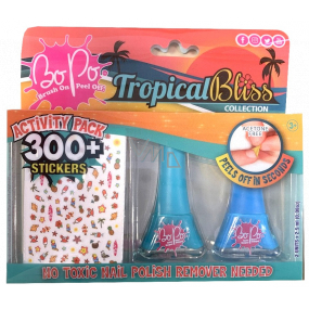 Bo-PoTropical Bliss lak na nehty slupovací zelený 2,5 ml + lak na nehty slupovací modrý 2,5 ml + nálepky na nehty, kosmetická sada pro děti