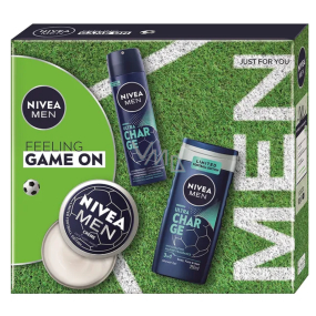 Nivea Men Feeling Game on krém na obličej, tělo a ruce 150 ml + Nivea Men Ultra Charge antiperspirant sprej 150 ml + Nivea Men Ultra Charge sprchový gel 250 ml, kosmetická sada pro muže