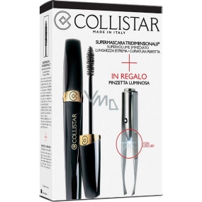 Collistar Three Dimensional Super řasenka černá 8 ml + Profesionální pinzeta s osvětlením 1 kus, kosmetická sada