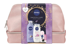 Nivea Smooth Care Smooth Sensation tělové mléko 400 ml + Nivea Diamond & Argan Oil sprchový gel 250 ml + Nivea Invisible Black & White Clear antiperspirant roll-on 50 ml + Labello Soft Rosé balzám na rty 4,8 g + kosmetická etue, kosmetická sada pro ženy