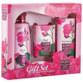 Rose of Bulgaria sprchový gel s růžovou vodou 100 ml + toaletní mýdlo s růží 50 g + pleťový denní krém s růžovou vodou 30 ml, kosmetická sada pro ženy