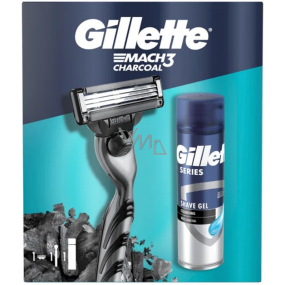 Gillette Mach3 holicí strojek + 1 náhradní hlavice + čisticí gel na holení s dřevěným uhlím 200 ml, kosmetická sada pro muže