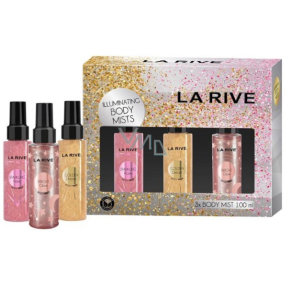 La Rive Illuminating Bright Glow třpytivý tělový sprej 100 ml + Golden Dream 100 ml + Sparkling Rose 100 ml, kosmetická sada pro ženy 