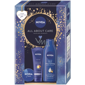 Nivea All about Care Intensive krém na ruce 75 ml + Nivea Rich Nourishing výživné tělové mléko 250 ml + Nivea Creme krém pro základní péči 30 ml, kosmetická sada