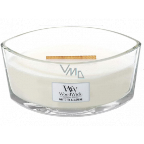 WoodWick White Tea & Jasmine - Bílý čaj a Jasmín vonná svíčka s dřevěným širokým knotem a víčkem sklo loď 453 g