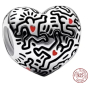 Charm Sterlingové stříbro 925 Keith Haring srdce Umění linek a lidé, korálek na náramek symbol