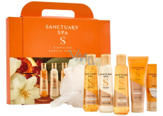 Sanctuary Spa Signature Pamper Parcel sprchový gel 75 ml + tělový peeling 50 ml + tělové mléko 75 ml + krém na ruce 30 ml + pěna do koupele 75 ml + mycí houba, kosmetická sada pro ženy