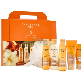 Sanctuary Spa Signature Pamper Parcel sprchový gel 75 ml + tělový peeling 50 ml + tělové mléko 75 ml + krém na ruce 30 ml + pěna do koupele 75 ml + mycí houba, kosmetická sada pro ženy