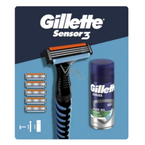 Gillette Sensor 3 holicí strojek pro muže + náhradní hlavice 5 kusů + Soothing Sensitive gel na holení s aloe vera 75 ml, kosmetická sada pro muže