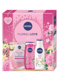 Nivea Floral Love Skin Radiance textilní maska na obličej + Nivea Floral Love sprchový gel 250 ml + Nivea Floral Love tělové mléko 250 ml, kosmetická sada pro ženy