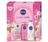 Nivea Floral Love Skin Radiance textilní maska na obličej + Nivea Floral Love sprchový gel 250 ml + Nivea Floral Love tělové mléko 250 ml, kosmetická sada pro ženy