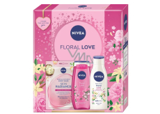 Nivea Floral Love Skin Radiance textilní maska na obličej + Nivea Floral Love sprchový gel 250 ml + Nivea Floral Love tělové mléko 250 ml, kosmetická sada pro ženy