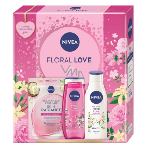 Nivea Floral Love Skin Radiance textilní maska na obličej + Nivea Floral Love sprchový gel 250 ml + Nivea Floral Love tělové mléko 250 ml, kosmetická sada pro ženy