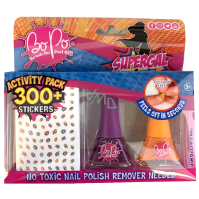 Bo-Po Supergal lak na nehty slupovací fialový 2,5 ml + lak na nehty slupovací oranžový 2,5 ml + nálepky na nehty, kosmetická sada pro děti